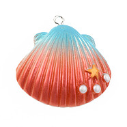 Opaque Resin Pendants, with Platinum Tone Iron Loop, Two Tone, Shell with Star, Red, 33.5~34.5x31.5~32.5x8.5mm, Hole: 2mm(X-RESI-S356-059B-06)