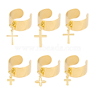 6Pcs 6 Style 304 Stainless Steel Open Cuff Rings Set, with Cross Charms, Golden, Inner Diameter: 17~18mm, 1Pc/style(RJEW-AB00007)