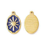 Enamel Pendants, with Golden Plated 304 Stainless Steel Findings, Oval with Sun, Dark Blue, 23.5x14x2.5mm, Hole: 1.6mm(FIND-I021-01C)