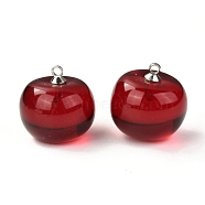 Resin Pendants with Glass Kernel and Stainless Steel Top Ring, Imitation Fruit, 3D Cherry, Dark Red, 17~18x17~17.5mm, Hole: 1.6mm(RESI-A015-01)
