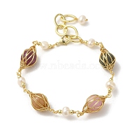 Natural Pearl & Mixed Stone Round Link Bracelets, Brass Wire Wrapped Bracelet, Real 14K Gold Plated, 6-1/2 inch(16.5cm)(BJEW-C051-33G)