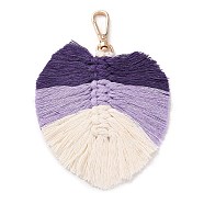 Handmade Braided Macrame Cotton Thread Leaf Pendant Decorations, with Brass Clasp, Purple, 13.5cm(GLAA-K060-08KCG-04)