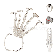 ANATTASOUL Siam Rhinestone Skull Wide Dome & Eagle Claw & Finger Nail Tip Claw Rings & Skeleton Full Hand Ring Bracelet, Punk Alloy Jewelry Set for Men Women, Mixed Color, 5-7/8 inch(14.9cm), Inner Diameter: 18.2~20.1mm, 5Pcs/box(AJEW-AN0007-07)