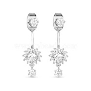 SHEGRACE Elegant Fashion Real 18K Gold Plated Brass Front and Back Dangle Stud Earrings, with Micro Pave AAA Cubic Zirconia Sun Flower, Silver Color Plated, 20mm, Pin: 0.7mm(JE95A)
