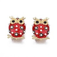 Owl Enamel Pin with Plastic Pearl, Animal Alloy Brooch with Rhinestone for Backpack Clothes, Nickel Free & Lead Free, Light Golden, Dark Red, 30x24mm(JEWB-N007-056)