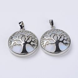 Opalite Pendants, with Platinum Plated Brass Findings, Flat Round with Tree of Life, 31x27x8mm, Hole: 3.5x7mm(G-P350-D09)