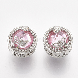 Platinum Plated Alloy Beads, with Rhinestones, Large Hole Beads, Flat Round with Dragonfly, Light Rose, 12x14mm, Hole: 4.5mm(X-MPDL-S067-09B)