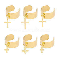 6Pcs 6 Style 304 Stainless Steel Open Cuff Rings Set, with Cross Charms, Golden, Inner Diameter: 17~18mm, 1Pc/style(RJEW-AB00007)