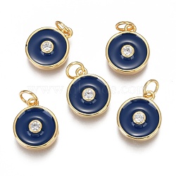 Brass Micro Pave Clear Cubic Zirconia Charms, Long-Lasting Plated, with Enamel & Jump Rings, Flat Round, Real 18K Gold Plated, Marine Blue, 13.2x11x2.7mm, Hole: 3mm, Jump Ring: 5x0.8mm(ZIRC-B002-32G-A)