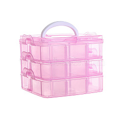 3-Tier Transparent Plastic Storage Container Box, Stackable Organizer Box with Dividers & Handle, Square, Pearl Pink, 15x15x12cm(CON-PW0001-036A)