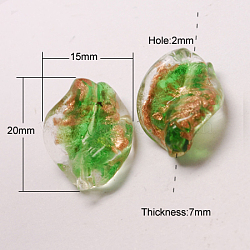 Handmade Gold Sand Lampwork Beads, Twist, Light Green, 20x15x7mm, Hole: 2mm(LAMP-S029-20x15mm-04)