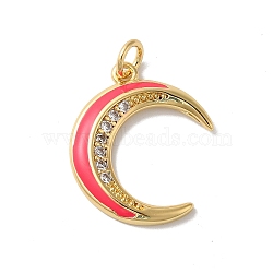 Moon Rack Plating Brass Micro Pave Cubic Zirconia Enamel Pendants, with Jump Rings, Cadmium Free & Lead Free, Long-Lasting Plated, Real 18K Gold Plated, Crimson, 20.5x17.5x2mm, Hole: 3.5mm(KK-G504-06G-04)