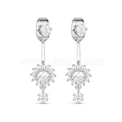 SHEGRACE Elegant Fashion Real 18K Gold Plated Brass Front and Back Dangle Stud Earrings, with Micro Pave AAA Cubic Zirconia Sun Flower, Silver Color Plated, 20mm, Pin: 0.7mm(JE95A)