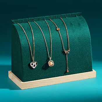 Velvet Necklace Organizer Display Stands, Jewelry Display Rack for Necklace, with Wooden Base, Dark Green, 21x9x15.5cm