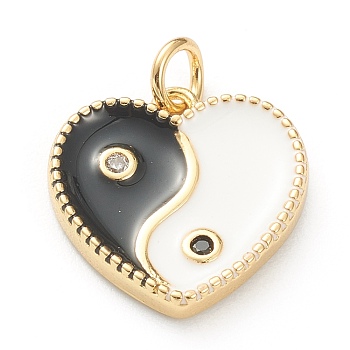 Brass Micro Pave Cubic Zirconia Pendants, with Enamel, Long-Lasting Plated, Real 18K Gold Plated, Heart with Yin Yang, Black, 15x15x2.5mm, Hole: 3mm