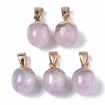 Top Golden Plated Natural Rose Quartz Pendants, with Iron Snap on Bails & Loop, Barrel, 17~19x11.5~12.5mm, Hole: 4x6mm