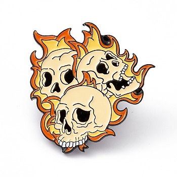 Skull with Flame Enamel Pin, Electrophoresis Black Alloy Punk Brooch for Backpack Clothes, Dark Orange, 30x29x2mm, Pin: 1.2mm