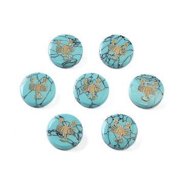 Synthetic Turquoise Beads, with Golden Tone Brass Slices, Flat Round with Constellations, Scorpio, 15x5mm, Hole: 1mm