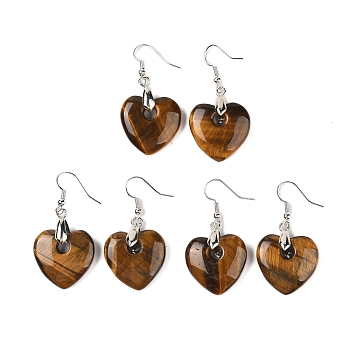 Natutal Tiger Eye Dangle Earrings, with Rack Plating Brass Earring Hooks, Lead Free & Cadmium Free, Heart, 47x23mm