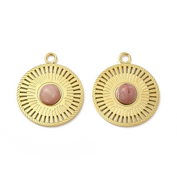 Natural Rhodonite Pendants, Flat Round Charms, with Vacuum Plating Real 18K Gold Plated 201 Stainless Steel Findings, 18.5x15.5x3mm, Hole: 1.8mm