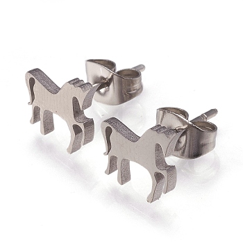 304 Stainless Steel Stud Earrings, with Ear Nuts, Unicorn, Stainless Steel Color, 9x10x1.5mm, Pin: 0.8mm, 12pairs/card