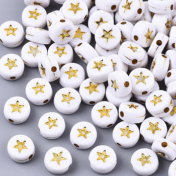 Opaque Acrylic Beads, Flat Round with Star, White, Golden Plated, 7x4mm, Hole: 1.5mm, about 3600pcs/500g