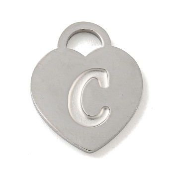 304 Stainless Steel Pendants, Laser Cut, Heart with Letter Charm, Stainless Steel Color, Letter C, 15x12x1mm, Hole: 3x3.5mm