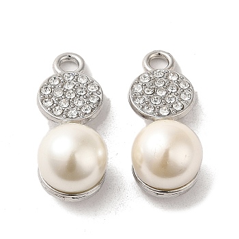 Alloy with Rhinestone Pendants, with ABS Imitation Pearl, Flat Round Charms, Platinum, 23.5x10x10.5mm, Hole: 2.2mm