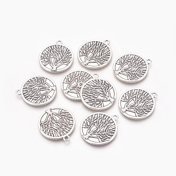 Flat Round with Tree of Life Tibetan Style Pendant Cabochon Settings, Lead Free & Nickel Free & Cadmium Free, Antique Silver, Tray: 25mm, 32x28x2mm, Hole: 2mm