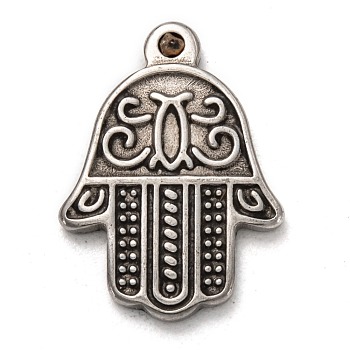 304 Stainless Steel Pendants, Hamsa Hand/Hand of Fatima /Hand of Miriam, Antique Silver, 25.5x18.5x2.5mm, Hole: 2mm