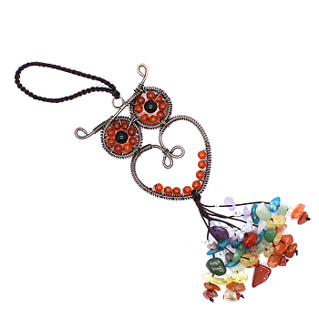 Carnelian Owl Pendant Decorations, Colorful Gemstone Chip Beaded Tassel Hanging Ornament, with Metal Frame, 180mm
