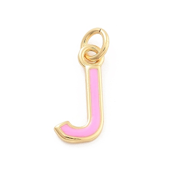 Rack Plating Brass Pendants, with Enamel and Jump Ring, Cadmium Free & Lead Free, Long-Lasting Plated, Real 18K Gold Plated, Letter, Letter J, 11.5x5.5x1mm, Hole: 2.5mm