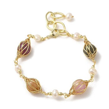 Natural Pearl & Mixed Stone Round Link Bracelets, Brass Wire Wrapped Bracelet, Real 14K Gold Plated, 6-1/2 inch(16.5cm)