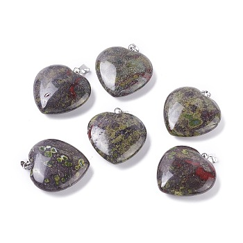 Natural Drangon Blood Pendants, Heart, with Platinum Tone Brass Findings, Heart , 27~28x24.5~26x6~8.5mm, Hole: 2.4x5.6mm
