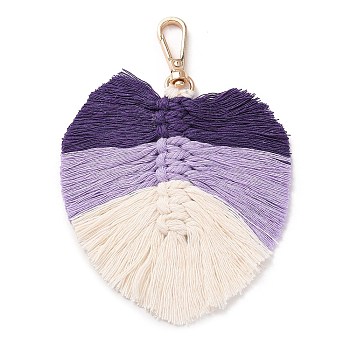 Handmade Braided Macrame Cotton Thread Leaf Pendant Decorations, with Brass Clasp, Purple, 13.5cm