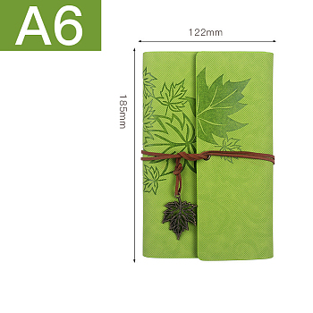 PU Leather Cover 6 Ring Binder Notebooks, Travel Journal, with String, Maple Leaf Pendants & Wood-free Paper, Rectangle, Yellow Green, 185x122mm, A6, about 160 pages/book