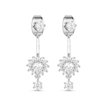 SHEGRACE Elegant Fashion Real 18K Gold Plated Brass Front and Back Dangle Stud Earrings, with Micro Pave AAA Cubic Zirconia Sun Flower, Silver Color Plated, 20mm, Pin: 0.7mm