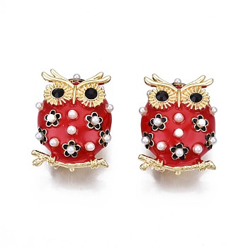 Owl Enamel Pin with Plastic Pearl, Animal Alloy Brooch with Rhinestone for Backpack Clothes, Nickel Free & Lead Free, Light Golden, Dark Red, 30x24mm