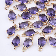 Transparent Glass Links connectors, with Brass Findings, Faceted, Teardrop, Light Gold, Medium Purple, 13x7x3.5mm, Hole: 1.2mm(X-GLAA-T007-18E)