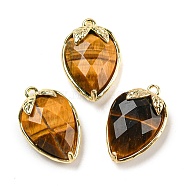 Natural Tiger Eye Faceted Pendants, Rack Plating Brass Strawberry Charms, Golden, 18x11x5~5.5mm, Hole: 1.2mm(G-M431-06G-11)