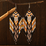 Bohemian Style Geometric Glass Bead Tassel Earrings for Women, Platinum, 125x36mm(TB8208)