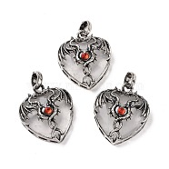 Natural Quartz Crystal Pendants, Heart Charms, with Rack Plating Antique Silver Tone Hyacinth Rhinestone Dragon Wing Findings, 36.5~37.5x32~32.5x9.5~10.5mm, Hole: 8.5x5.5mm(G-A207-01AS-01)