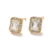 Clear Cubic Zirconia Rectangle Stud Earrings, Long-Lasting Plated Brass Jewelry for Women, Cadmium Free & Lead Free, Real 18K Gold Plated, 9x7mm, Pin: 1mm(EJEW-K093-20G)