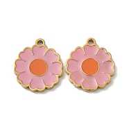 Ion Plating(IP) 316L Surgical Stainless Steel Pendants, with Enamel, Real 18K Gold Plated, Flower Charm, Pink, 14x12x1.5mm, Hole: 1.2mm(STAS-D035-02D-G)