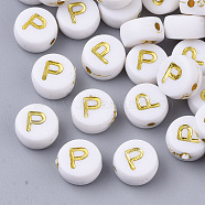 Plating Acrylic Beads, Golden Metal Enlaced, Horizontal Hole, Flat Round with Alphabet, White, Letter.P, 7x3.5mm, Hole: 1.2mm, about 3600pcs/500g(PACR-R242-01P)