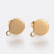 Ion Plating(IP) 304 Stainless Steel Stud Earring Findings, with Loop and Flat Plate, Flat Round, Golden, 10.5x8x0.6mm, Hole: 1.5mm, Pin: 0.8mm(X-STAS-K184-02-01G)