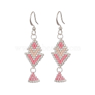 Rhombus Handmade Loom Pattern Glass Seed Beaded Dangle Earrings, Brass Jewelry for Women, Pink, 49mm, Pin: 0.7mm(EJEW-MZ00036-01)