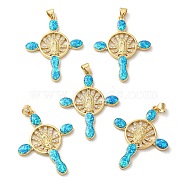 Rack Plating Brass Micro Pave Cubic Zirconia with Synthetic Opal Pendants, with Jump Ring, Lead Free & Cadmium Free, Long-Lasting Plated, Cross with Saint, Real 18K Gold Plated, 39x30.5x3.2mm, Hole: 5x3.4mm(KK-D088-32G)
