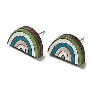 Printing Wood Stud Earrings for Women, with 316 Stainless Steel Pins, Rainbow, Green, 10.5x17mm(EJEW-B028-04A)