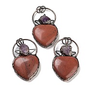Natural Red Jasper & Amethyst Big Pendants, Brass Heart Charms with Jump Rings, Red Copper, 55~57x32~33x9~11mm, Hole: 6.6mm(G-A221-04E)